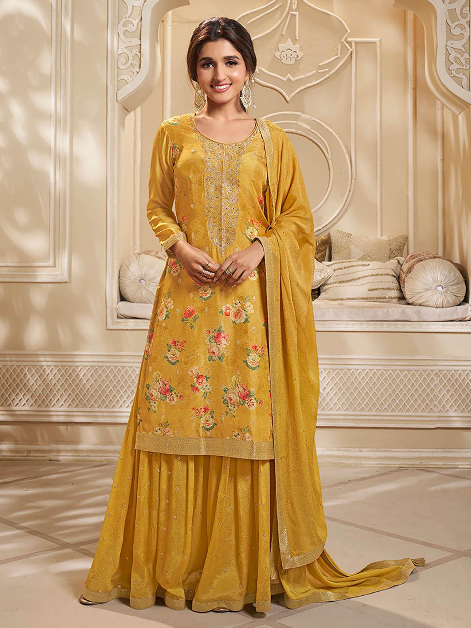 yellow jacquard floral print kurta with embroidered palazzo and dupatta (set of 3)
