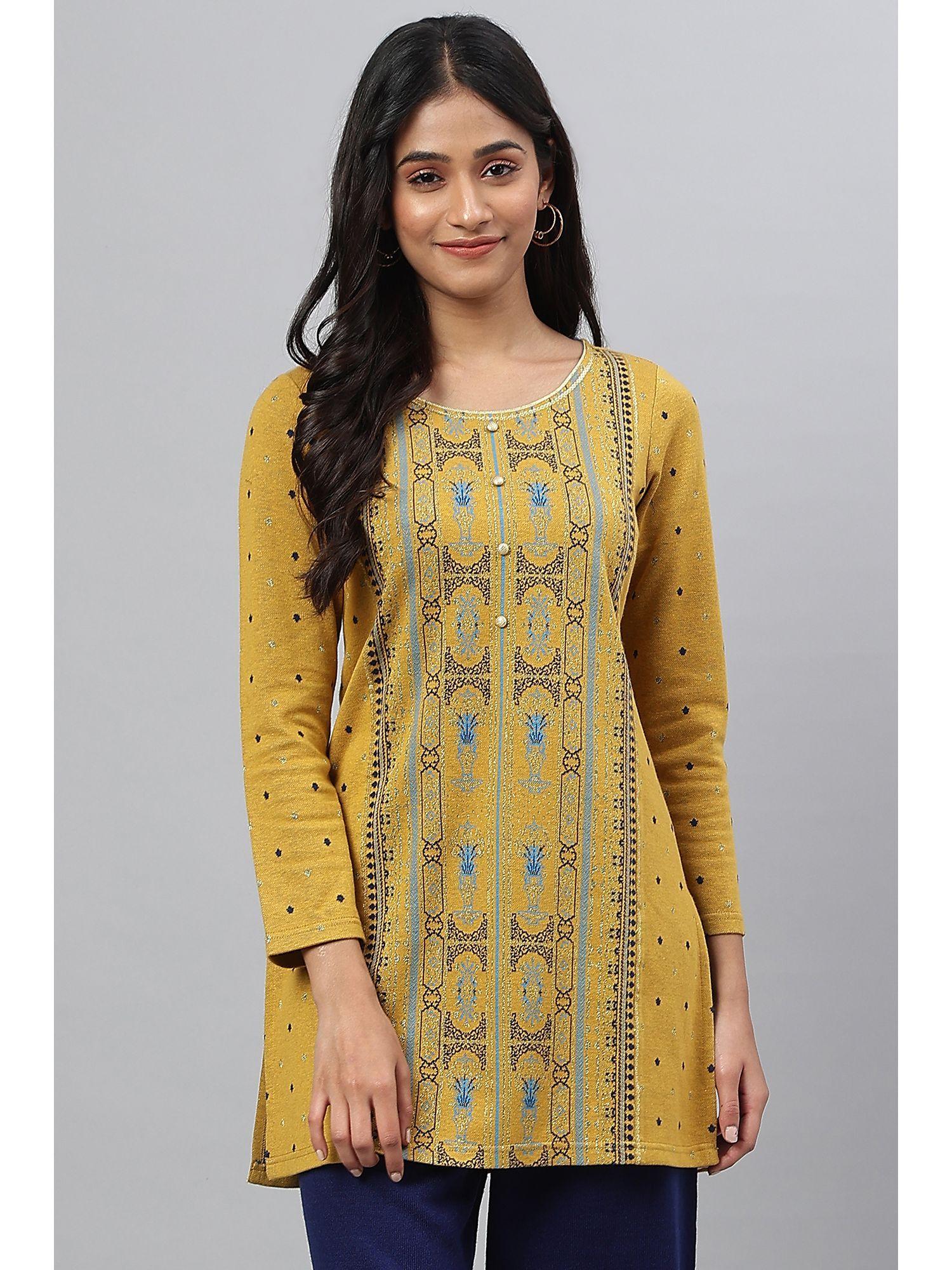 yellow jacquard short kurti