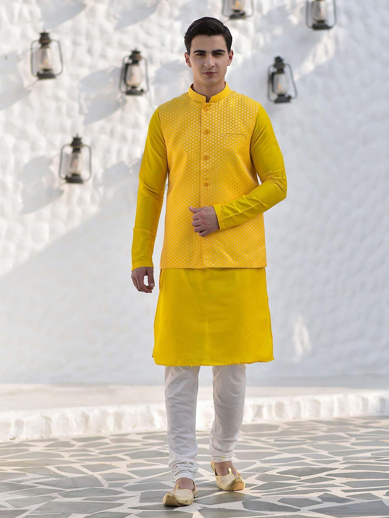 yellow jacquard silk woven design nehru jacket with kurta & churidar for men (set of 3)