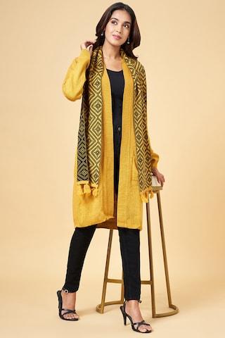 yellow jacquard winter wear full sleeves women regular fit winter cape