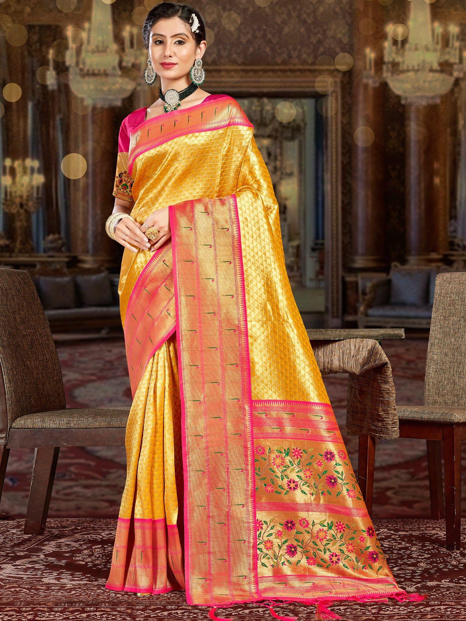 yellow kanjivaram silk woven tassels saree with unstitched blouse