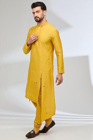 yellow katan embroidered kurta set