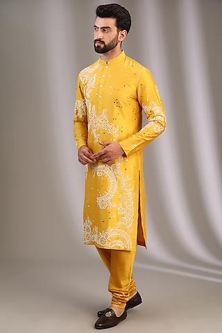 yellow katan resham aari embroidered kurta set
