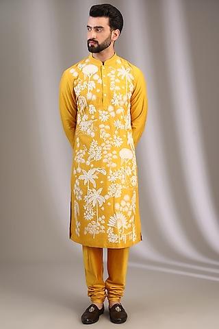 yellow katan resham embroidered kurta set