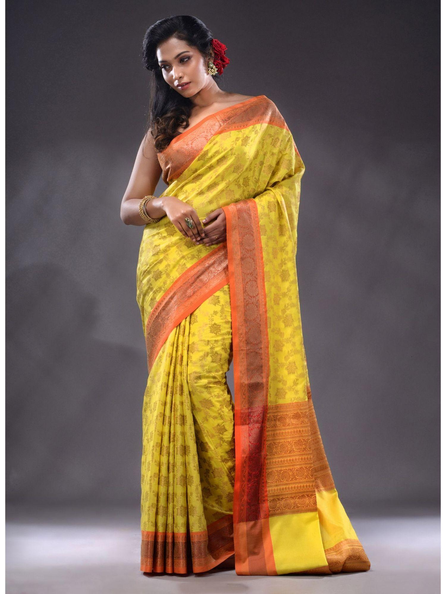 yellow katan silk handwoven saree with unstitched blouse