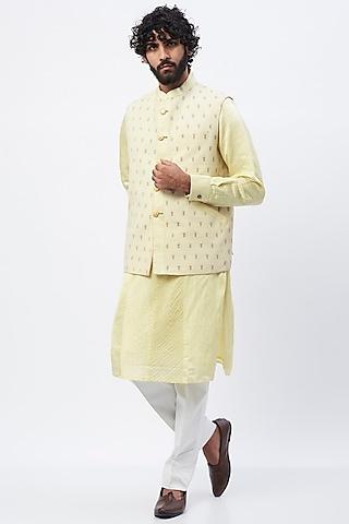 yellow khadi cotton embroidered nehru jacket