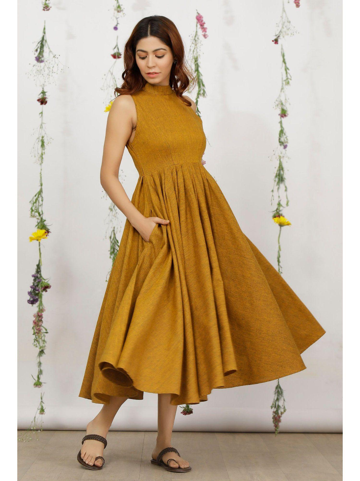 yellow khadi cotton flared halter neck sleeveless midi dress