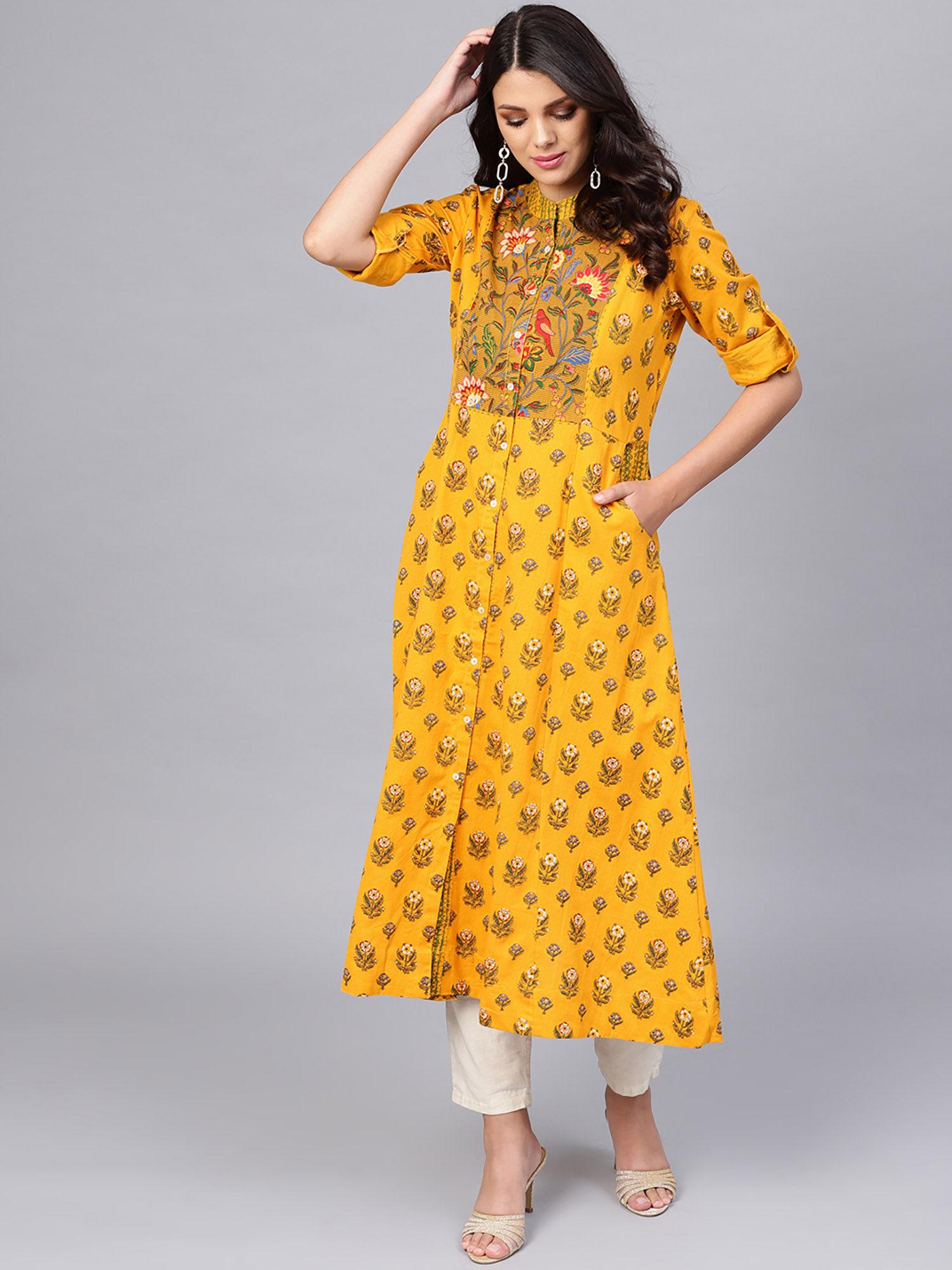 yellow khadi printed long kurta