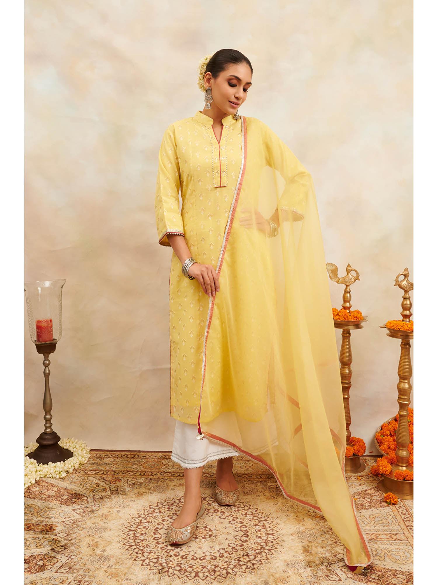 yellow khari printed chanderi silk kurta