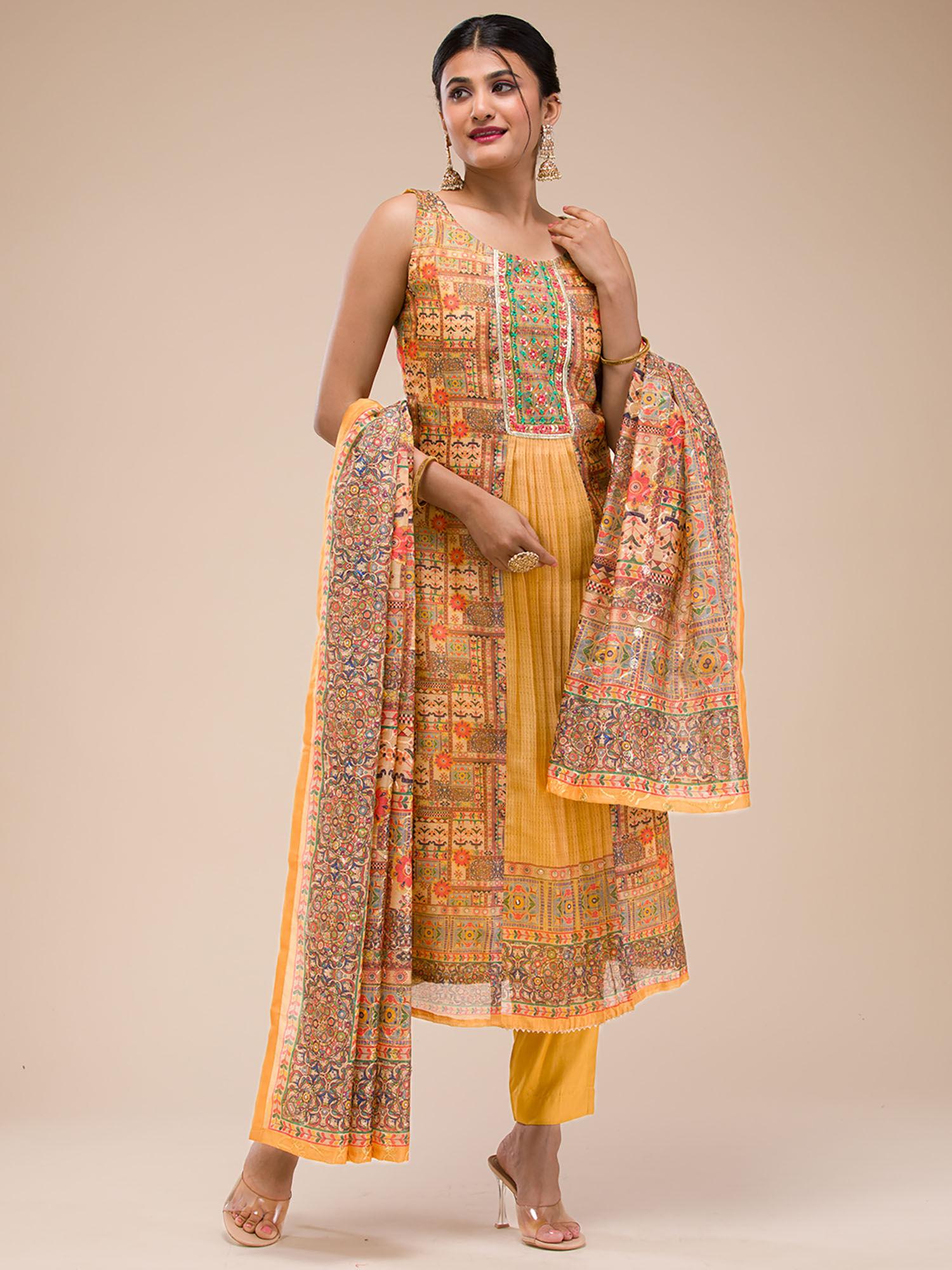 yellow kurta pants with dupatta embellished work (set of 3)