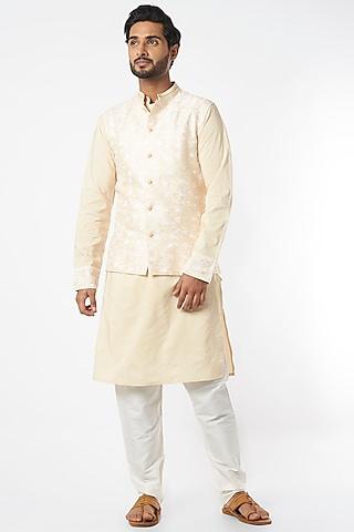 yellow kurta set with embroidered bundi jacket