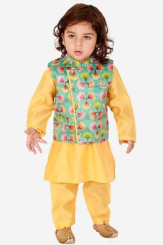 yellow kurta set with green nehru jacket for boys