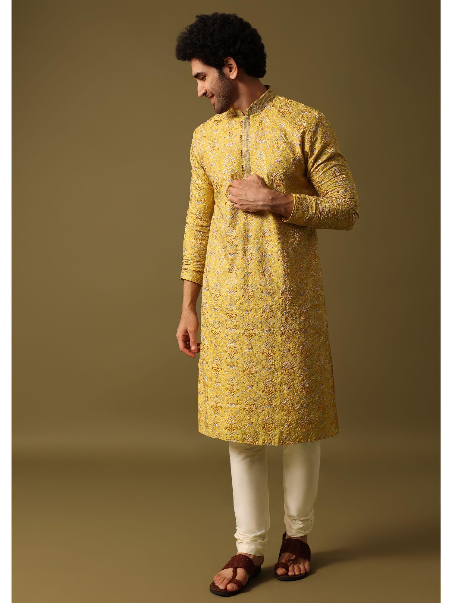 yellow kurta with churidar for men (set of 2)