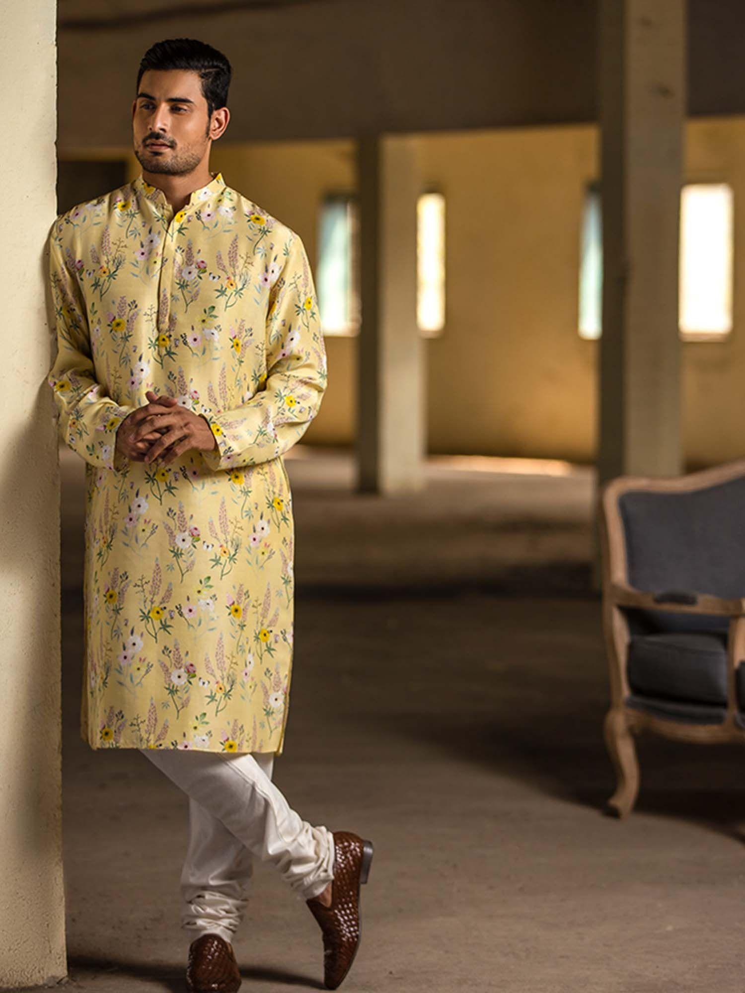 yellow kurta with off white churidar - set of 2