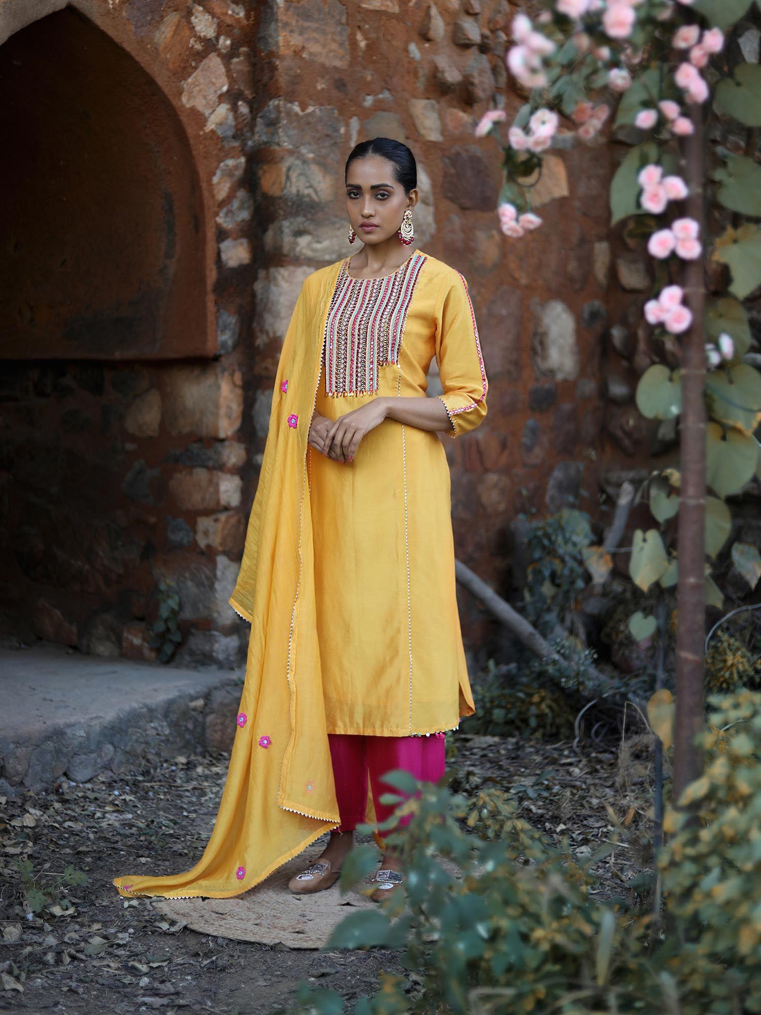 yellow kurta with palazzo and rani pink dupatta (set of 3)