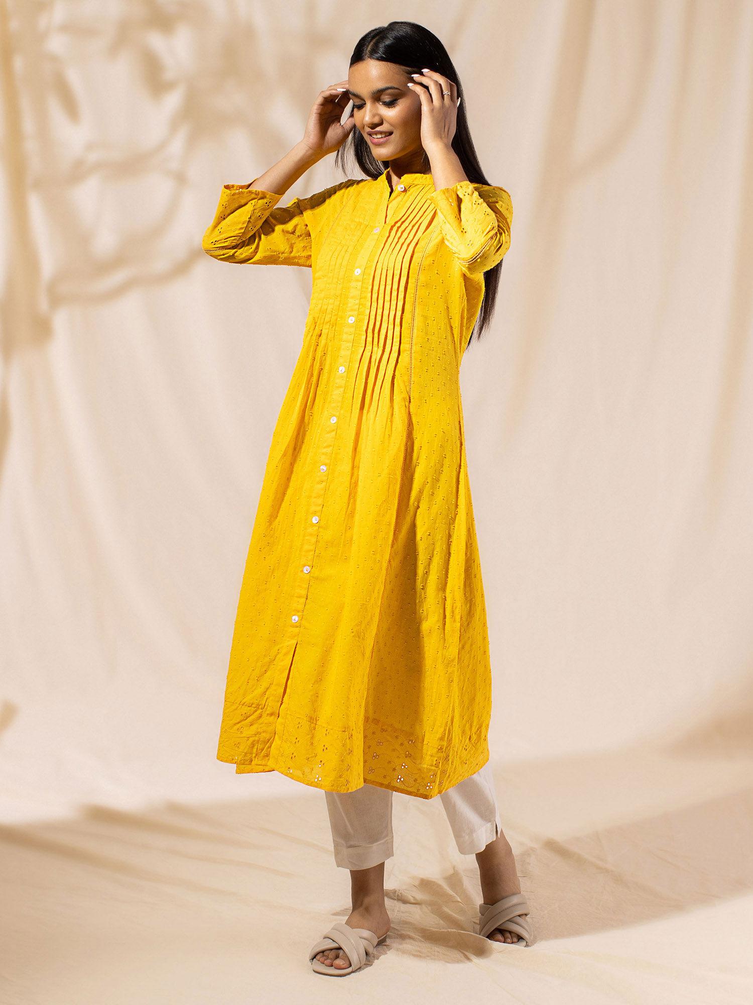 yellow kurta with tucks details