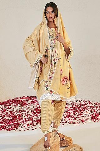yellow lawn cotton embroidered & printed kurta set