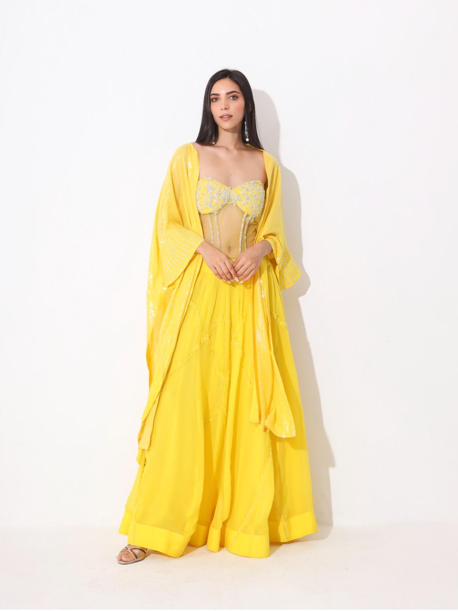 yellow lehenga with hand embroidery blouse and sequence cape (set of 3)