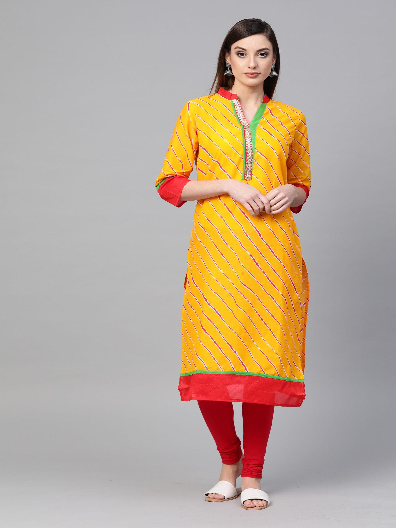 yellow leheriya straight cotton kurta