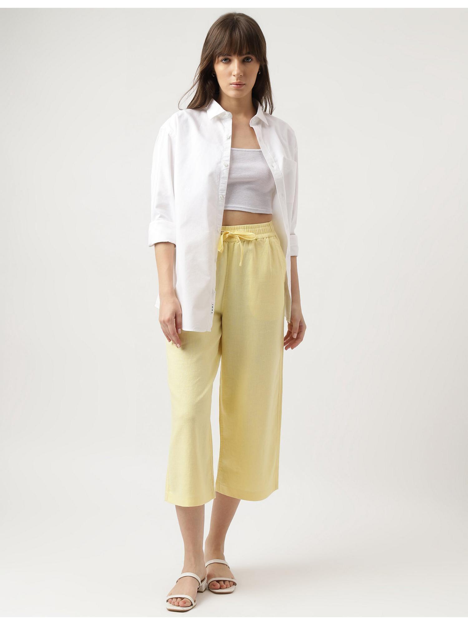 yellow linen blend plain straight leg culottes