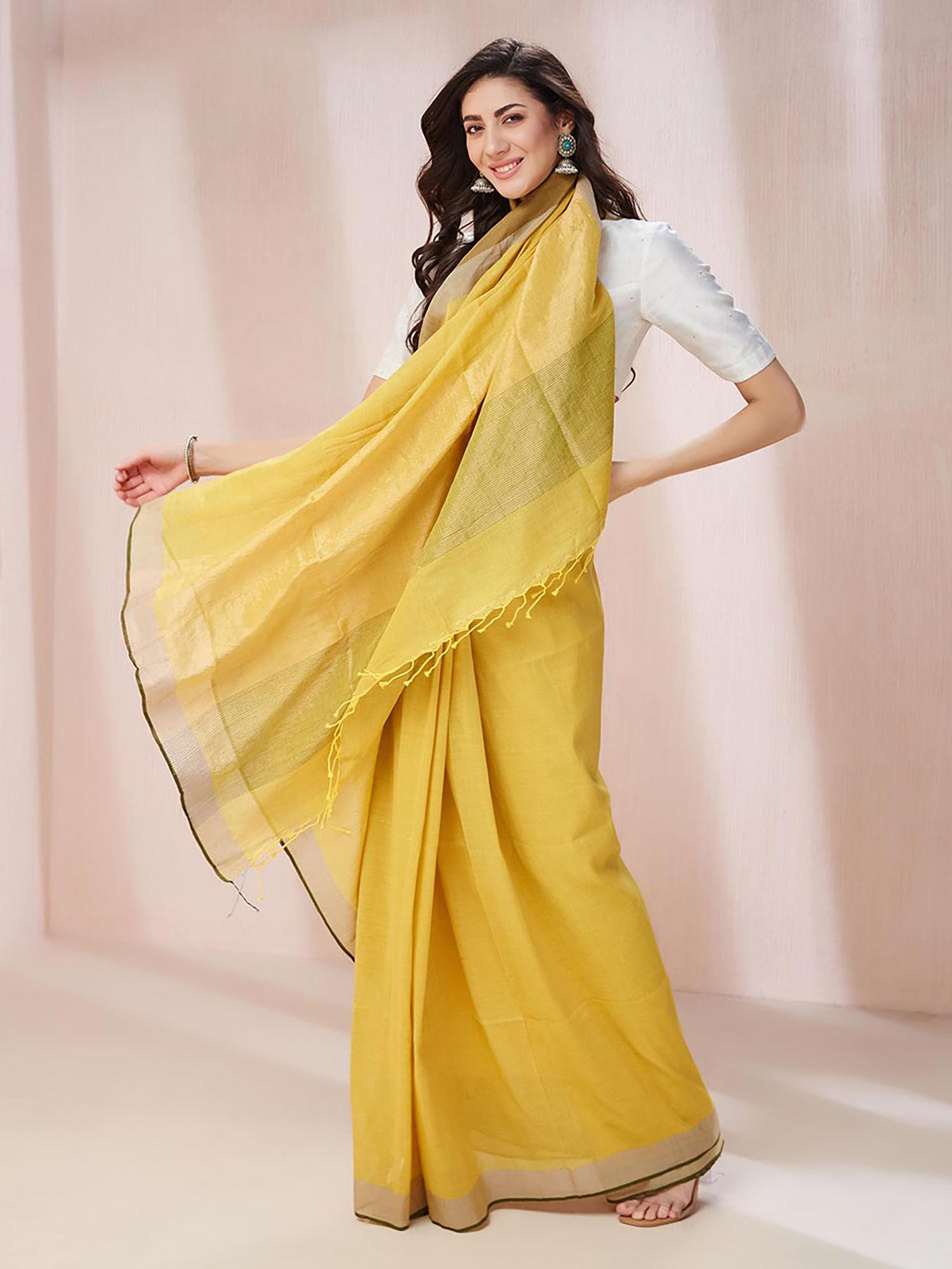 yellow linen blend woven saree without blouse