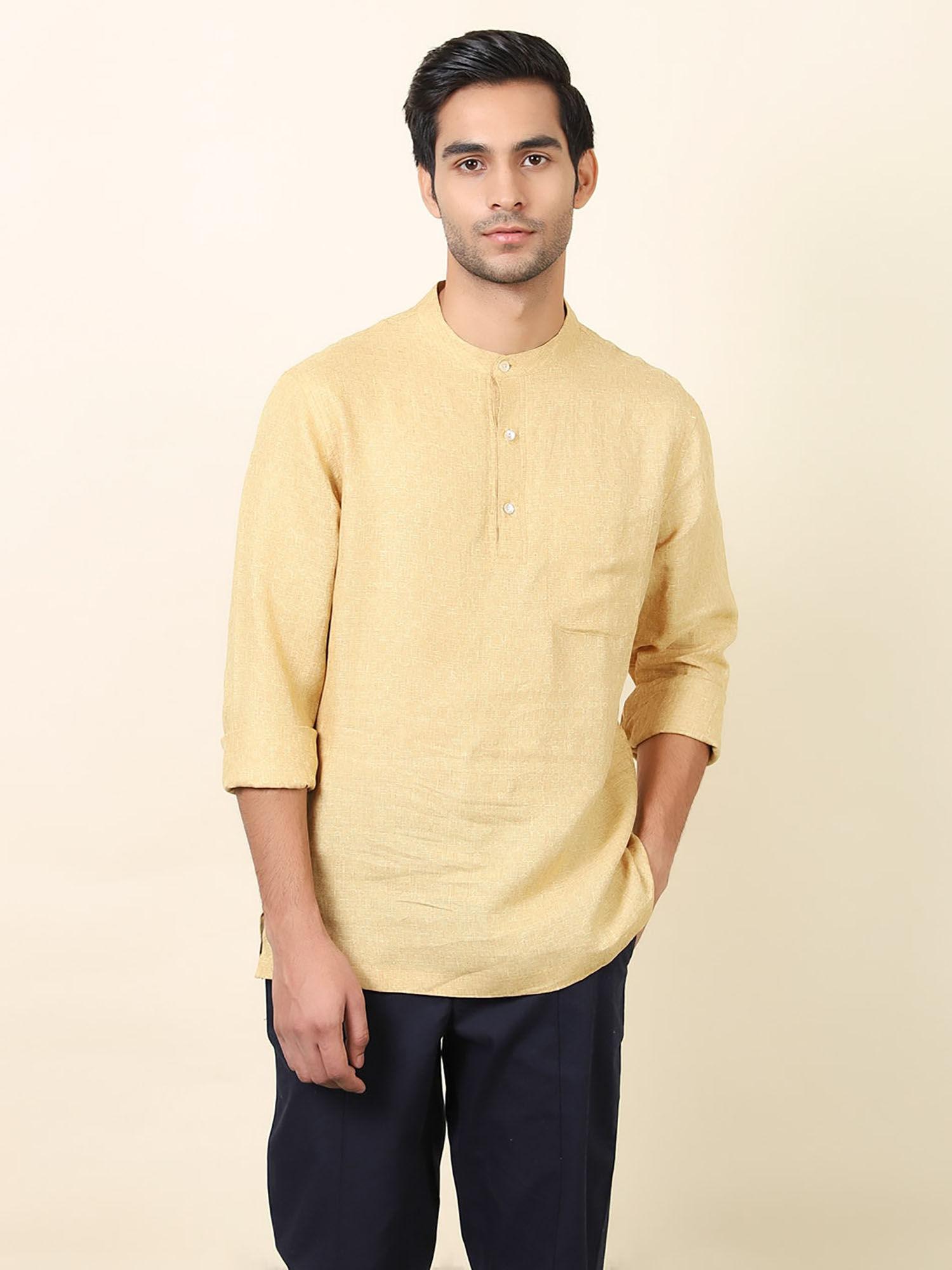 yellow linen dobby mid short kurta