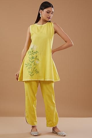 yellow linen embroidered kurta set