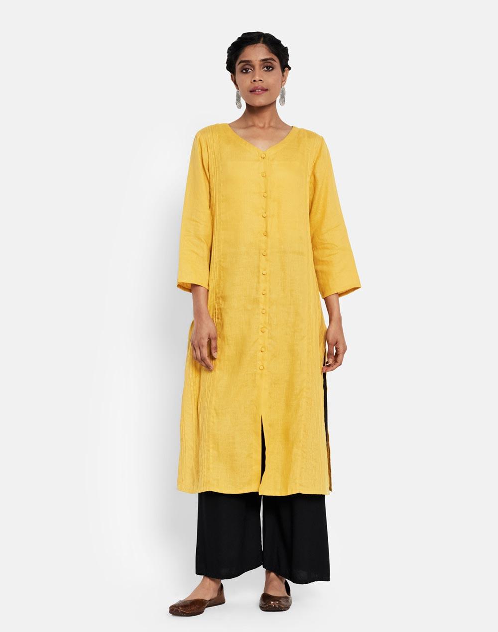 yellow linen front open long kurta