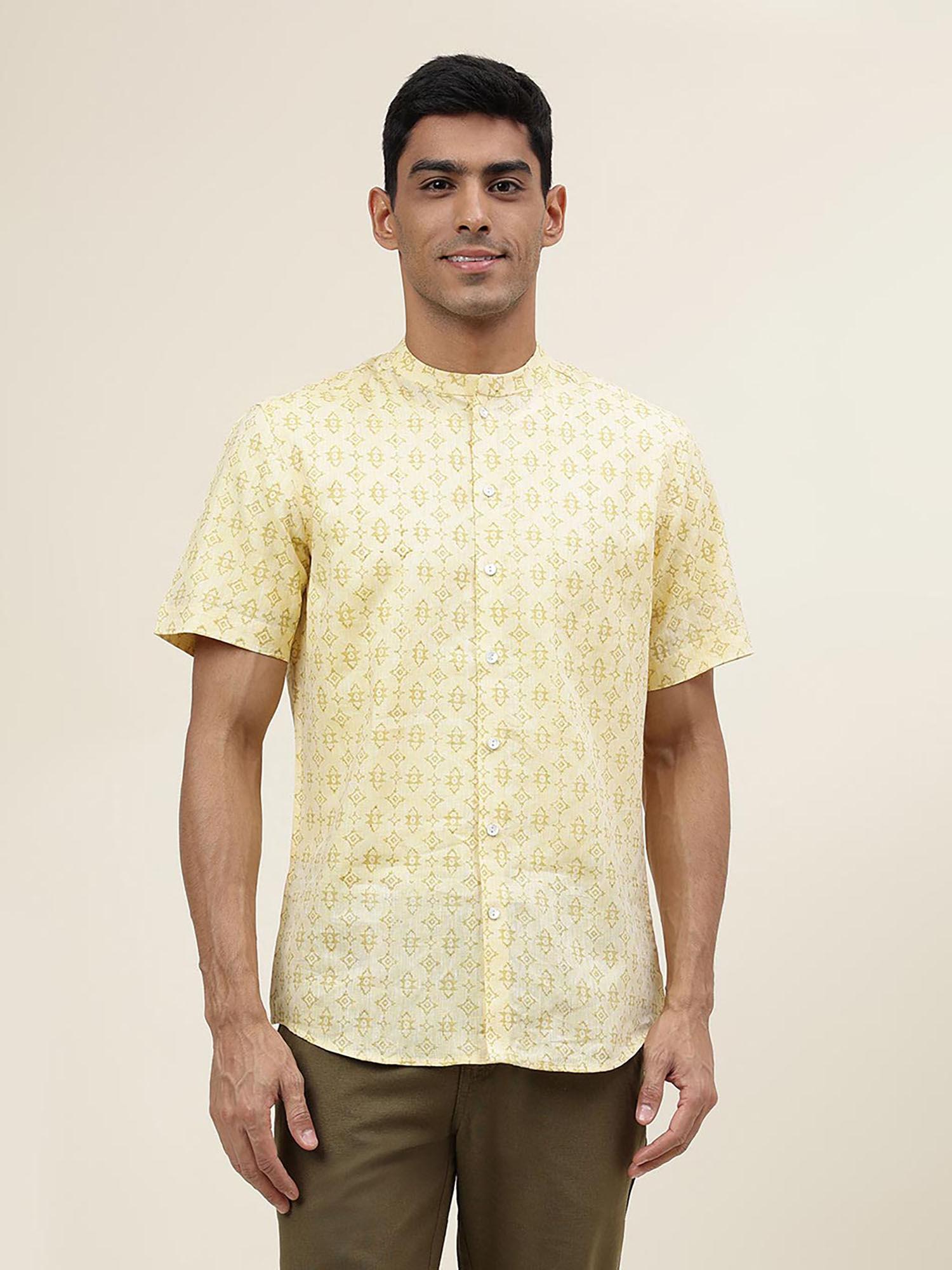 yellow linen hand block printed slim fit shirt