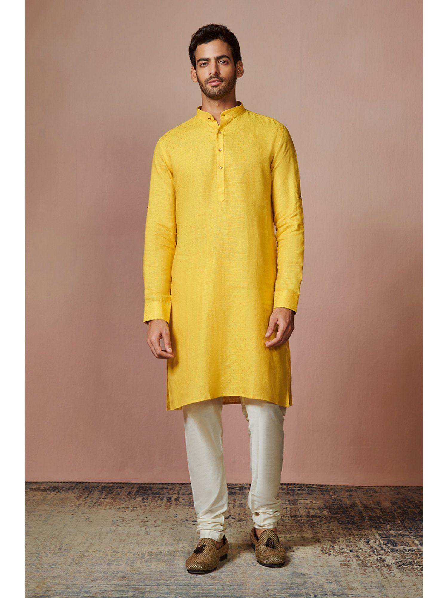 yellow linen mandarin collar kurta only