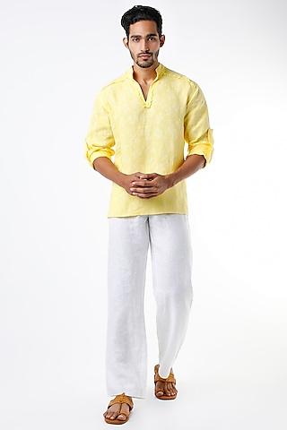 yellow linen printed shirt kurta