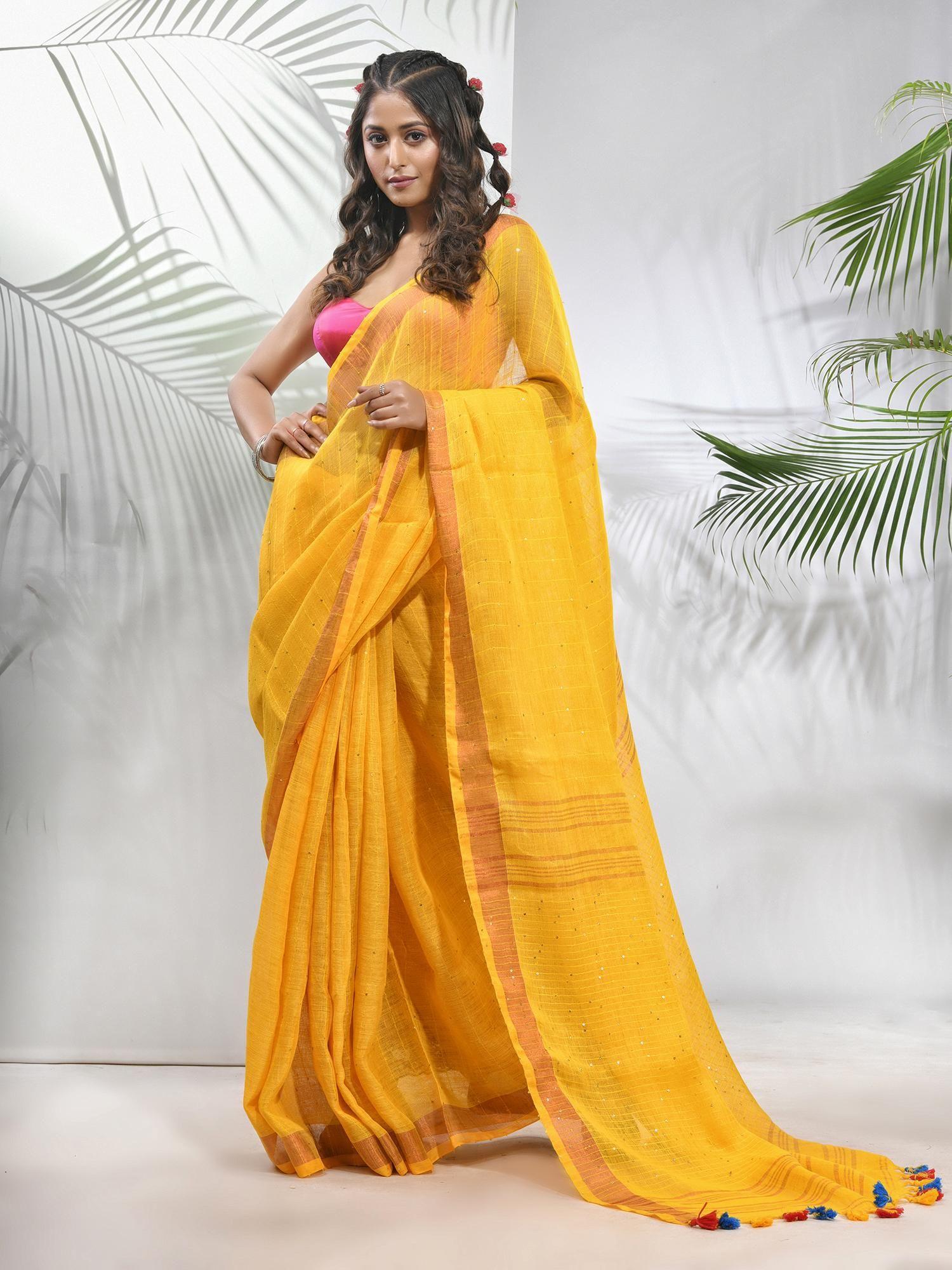 yellow linen saree with sequined work in stripes pallu with unstitched blouse