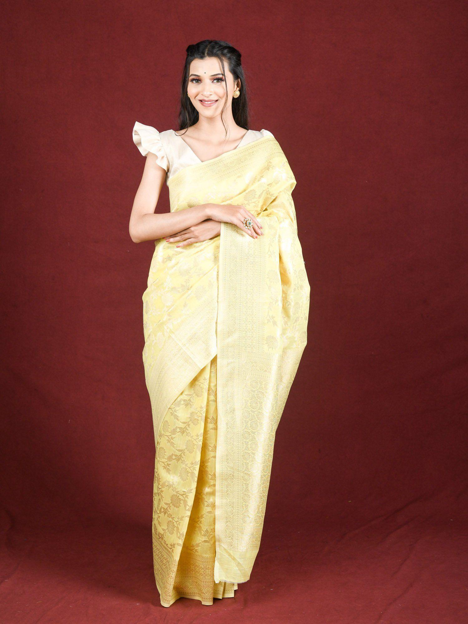 yellow linen saree zari woven work with unstitched blouse