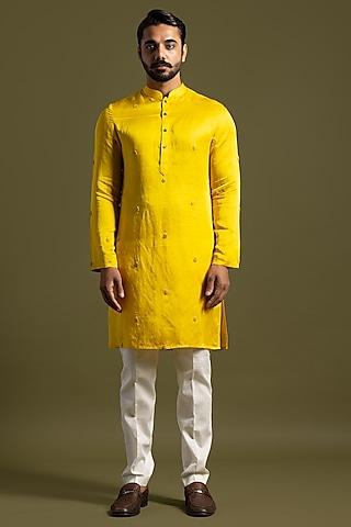 yellow linen satin motifs kurta set