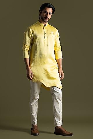 yellow linen satin motifs kurta set