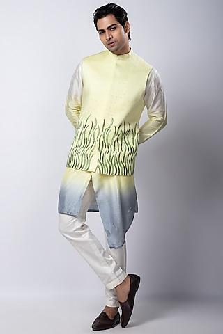 yellow linen satin thread embroidered nehru jacket