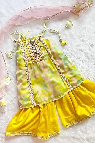 yellow linen silk & mul sharara set for girls