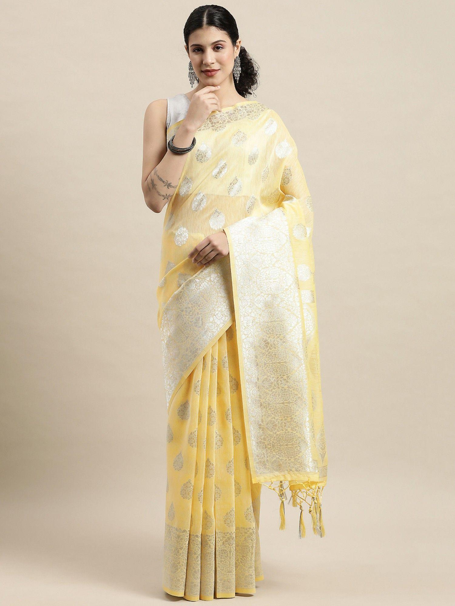 yellow linen silver zari work tassle saree with unstitched blouse with unstitched