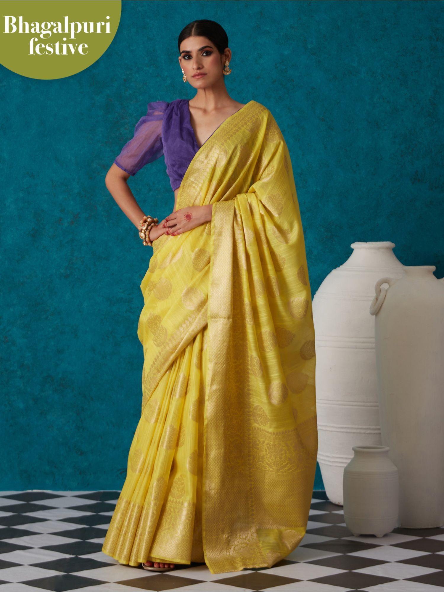 yellow linen woven bhagalpuri festive zari saree & unstitched blouse