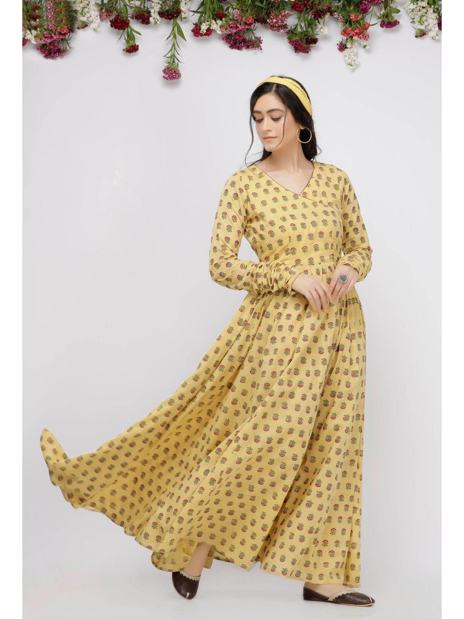 yellow long gathered hand-block printed cotton kurta