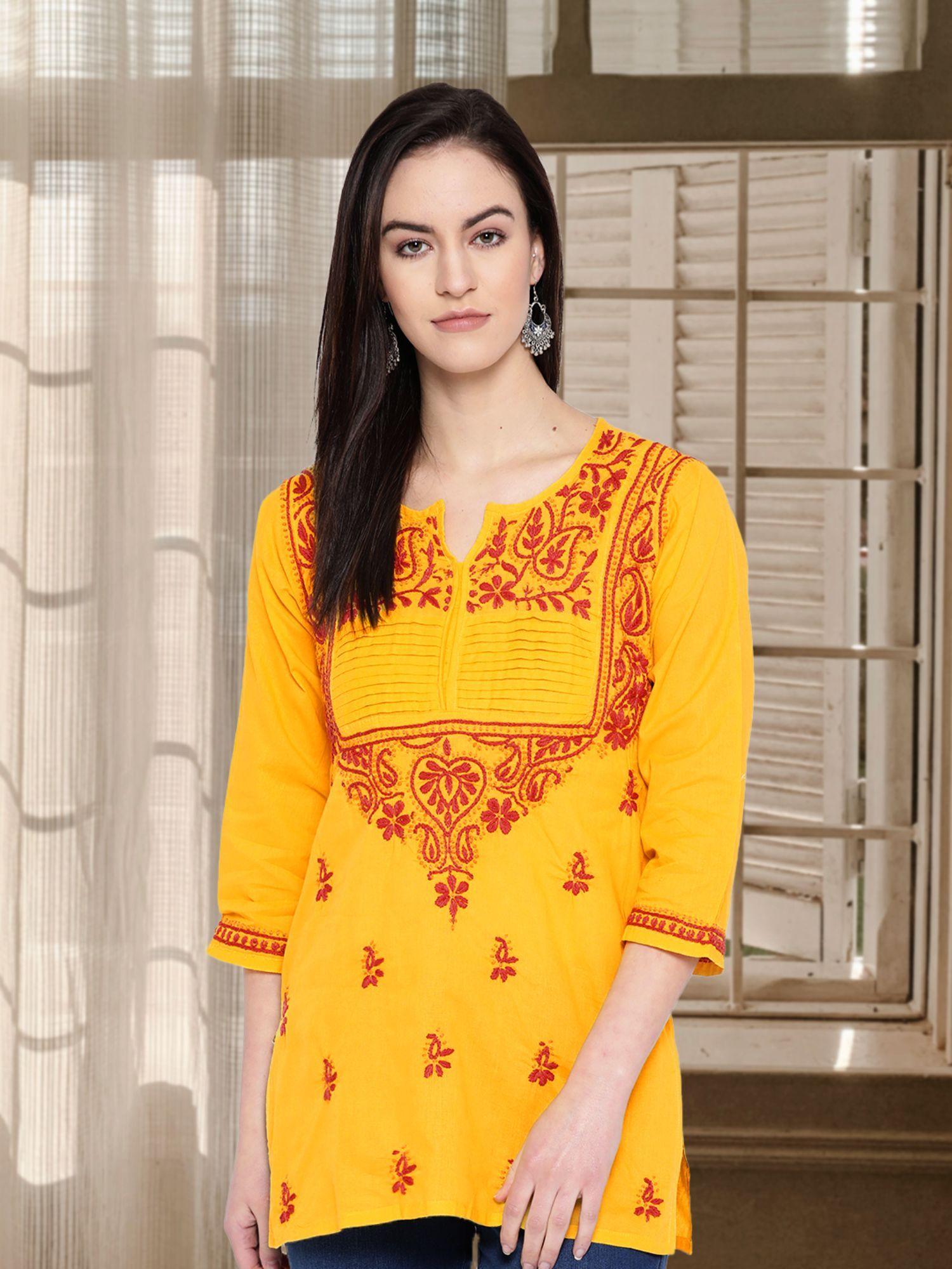 yellow lucknowi chikankari cotton kurti (xs) (a100238)