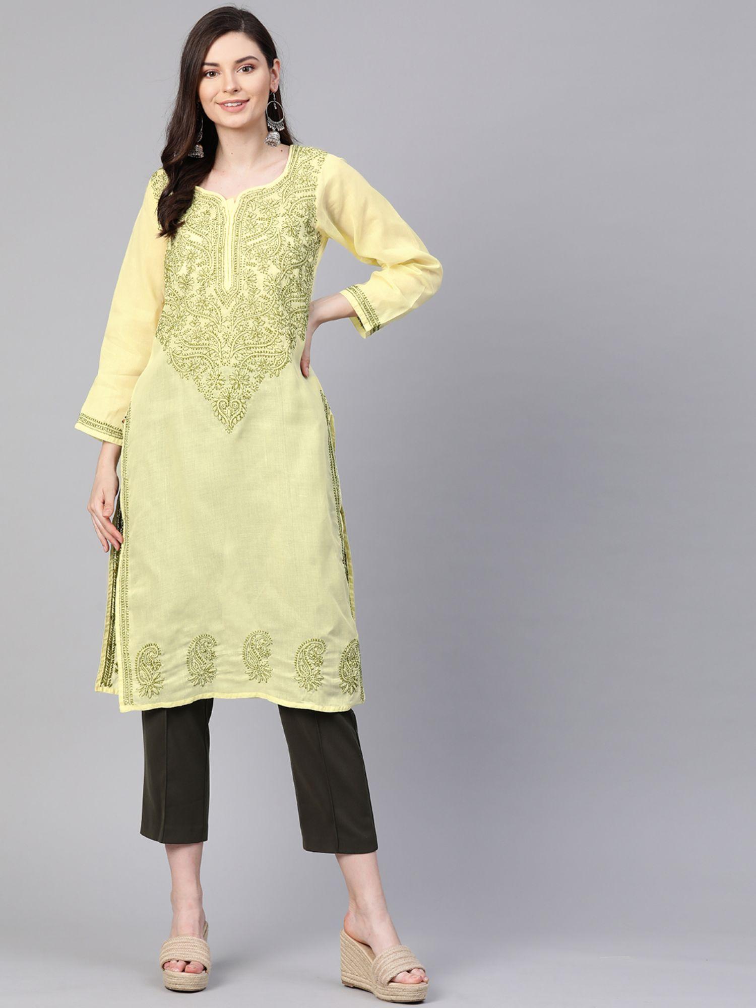 yellow lucknowi chikankari lemon cotton kurta (xs) (a100370)