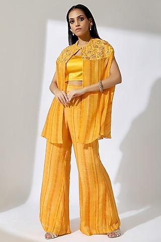 yellow lurex crepe printed cape set