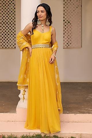 yellow lurex georgette anarkali set