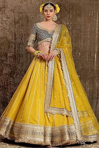 yellow machine embroidered lehenga set