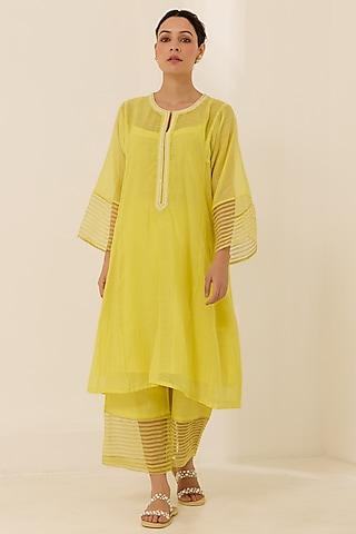 yellow malai chanderi thread & pearl work a-line kurta set