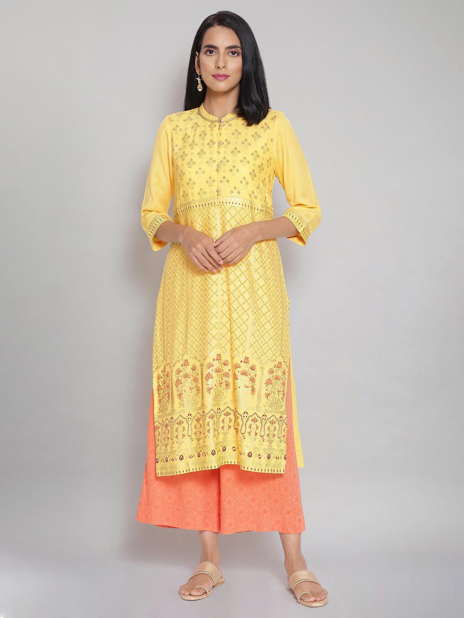 yellow mandarin collar printed straight kurta