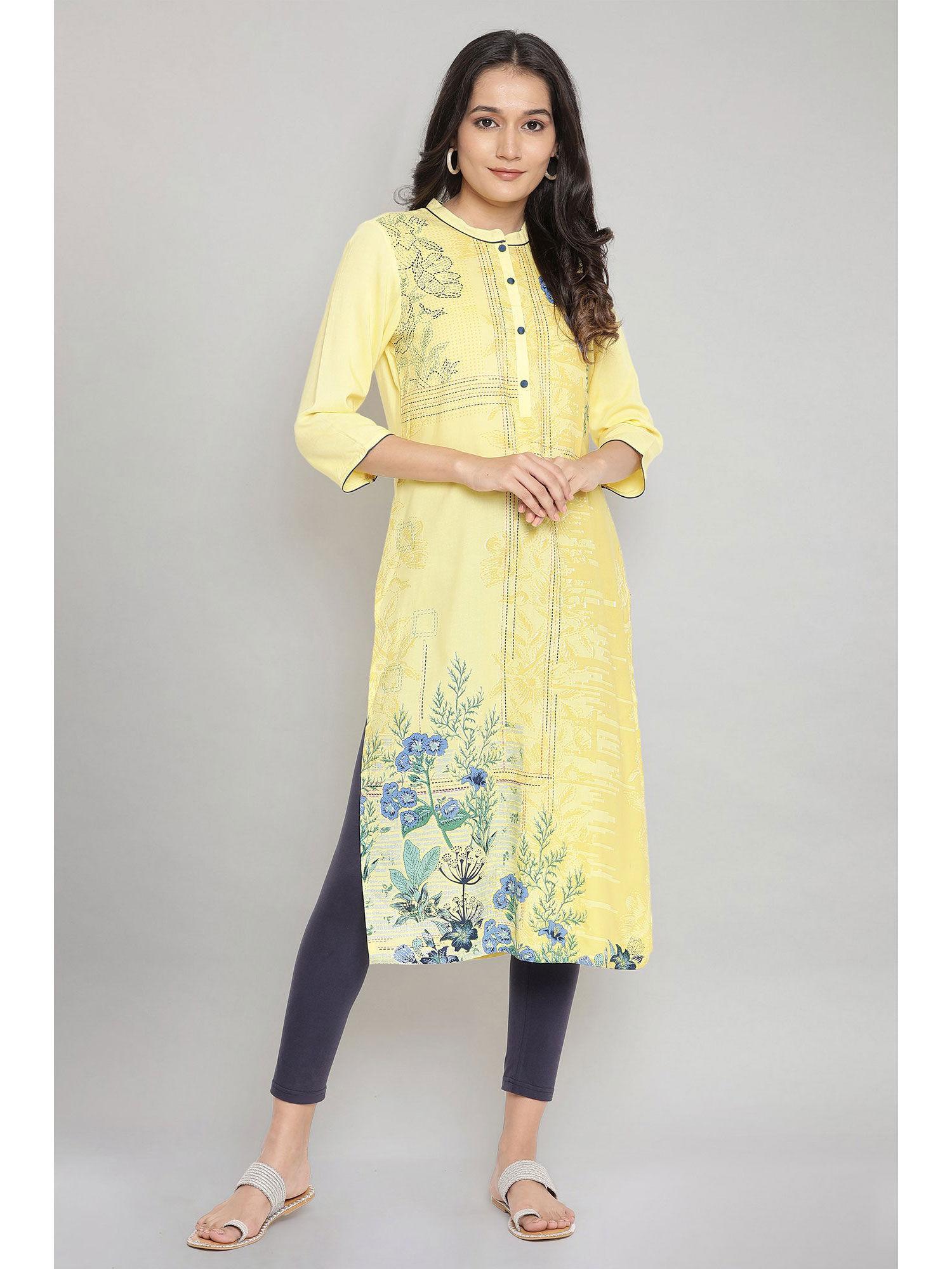 yellow mandarin collar printed straight kurta