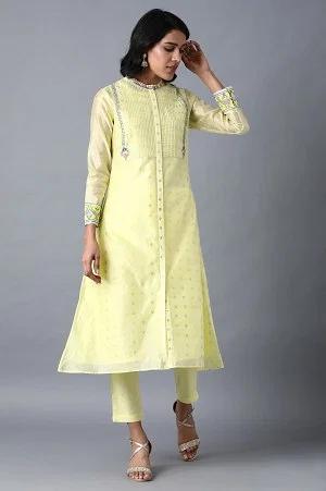 yellow mandarin neck floral kurta