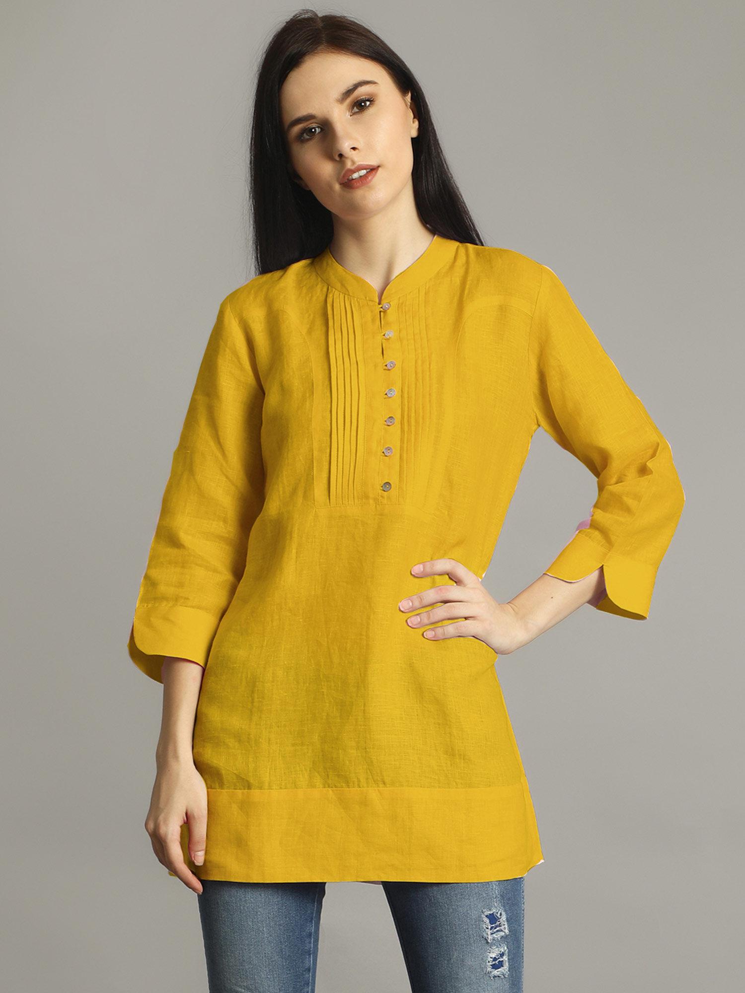 yellow mandarin neck pleated tunic